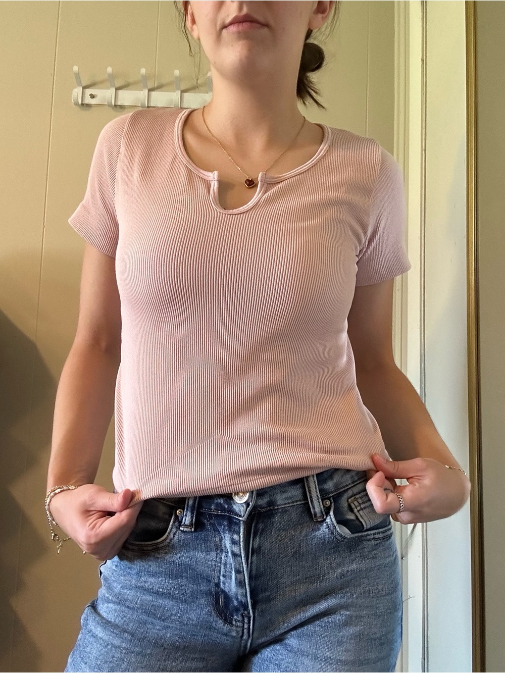 Aura Pink Ribbed Short-Sleeve Top with Notch Neck